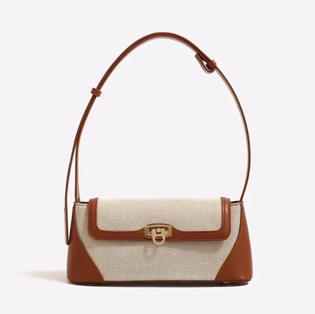 Baguette Leather Canvas Shoulder Bag