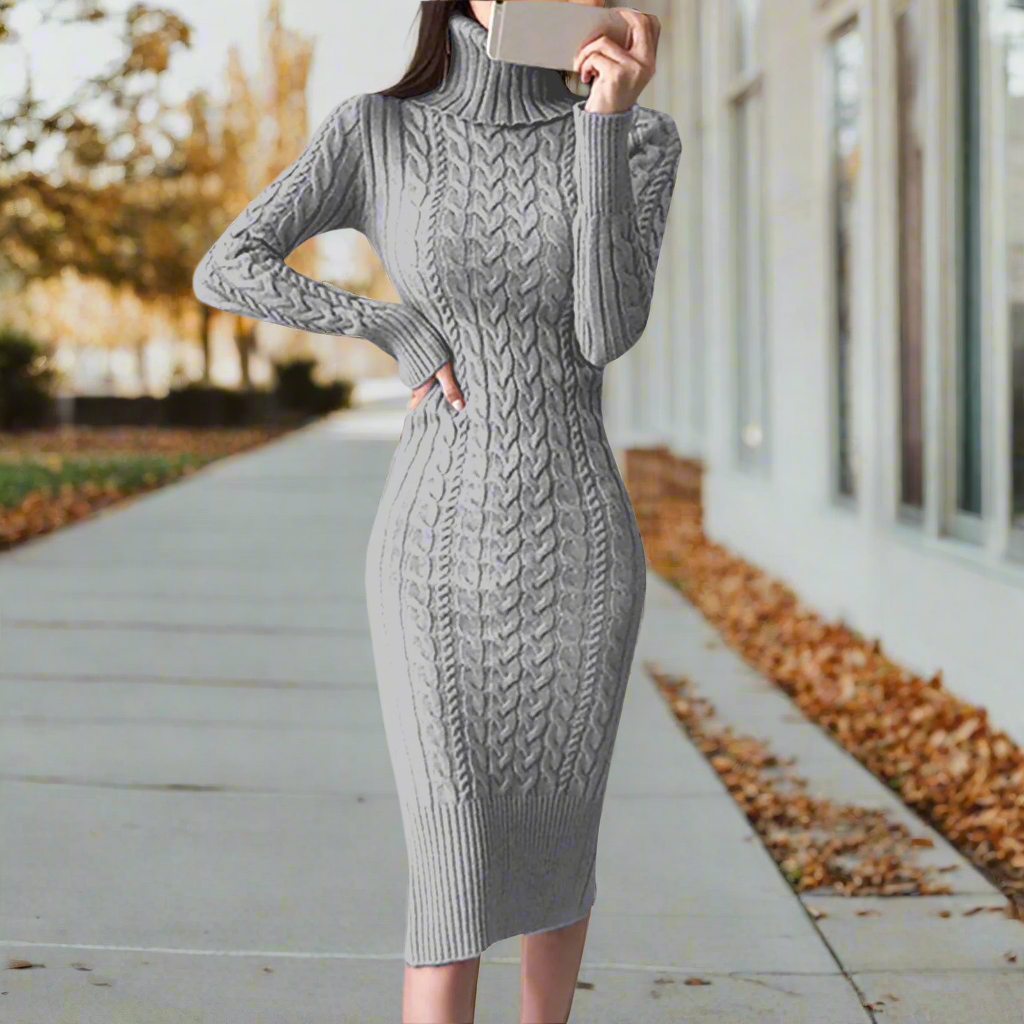 Cable Knit Turtleneck Sweater Dress