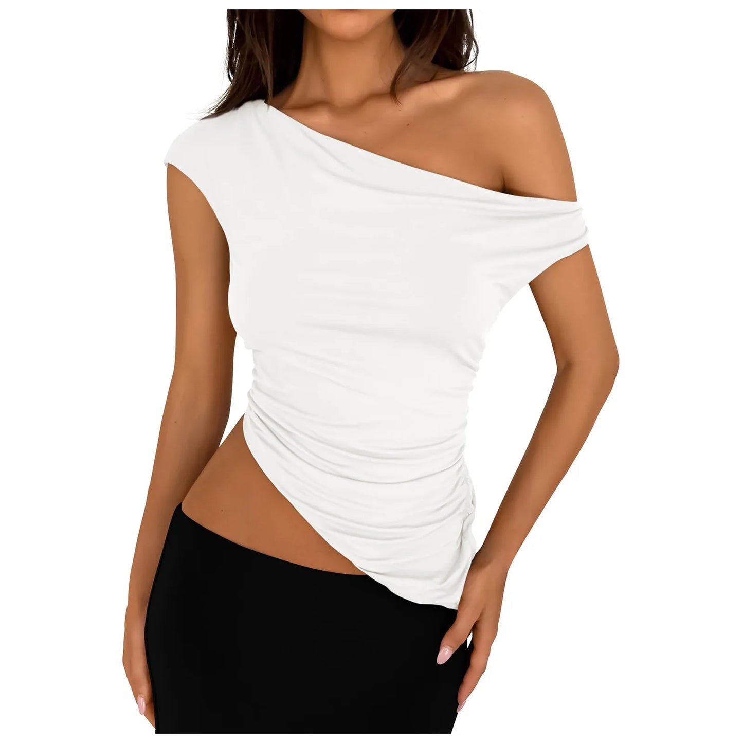 Chic One-Shoulder Ruched Blouse