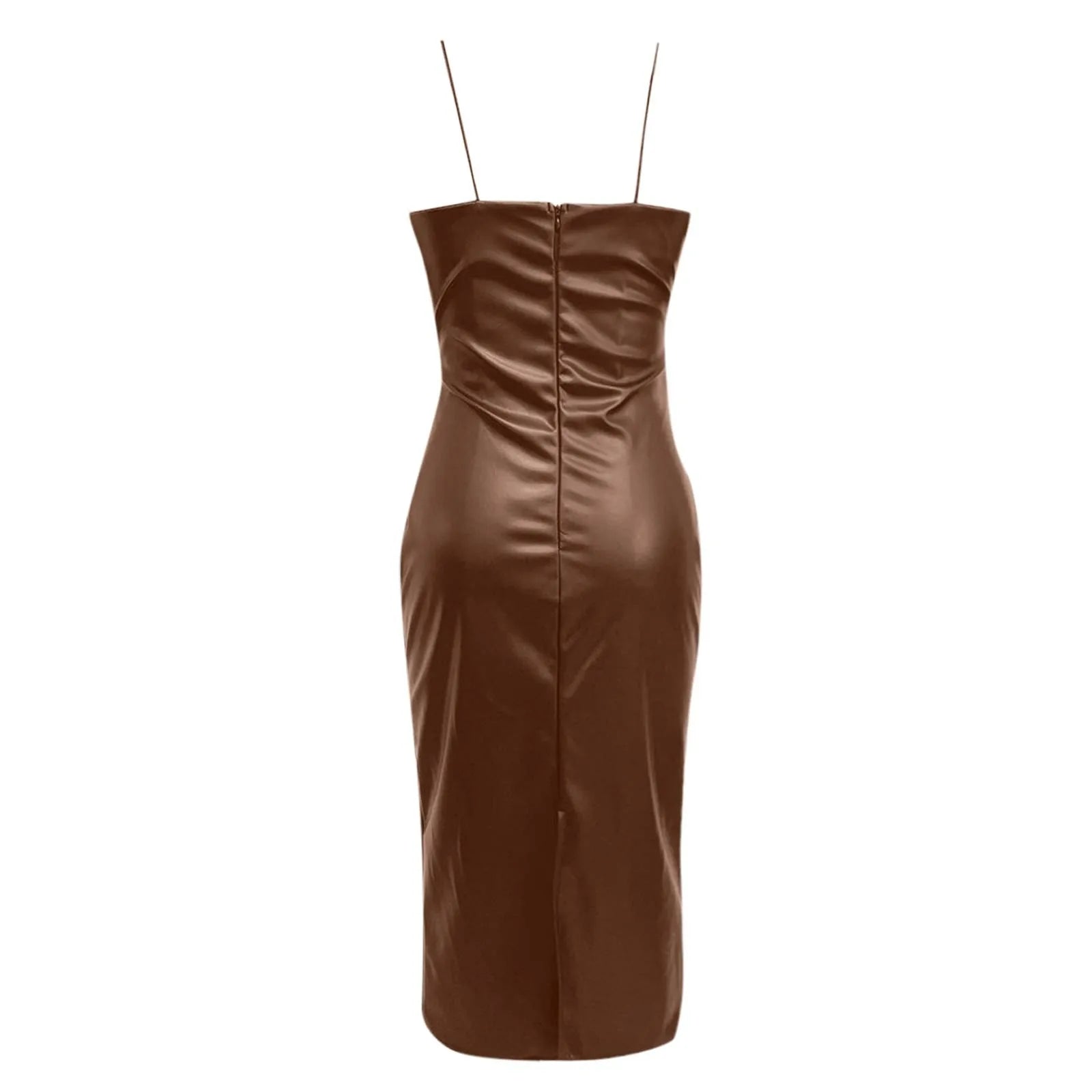 Strapless Faux Leather Bodycon Midi Dress – Sleek & Sexy Evening Wear