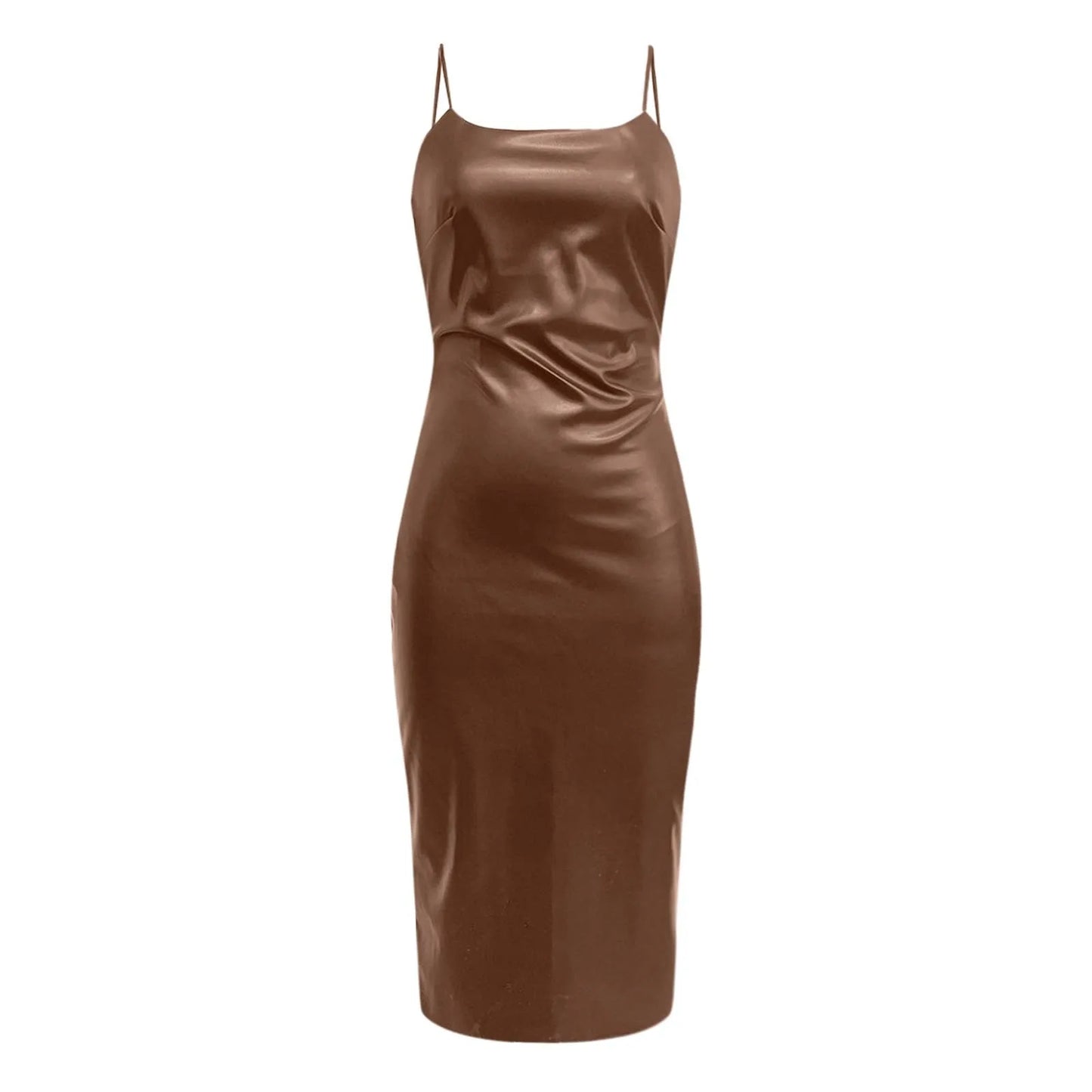 Strapless Faux Leather Bodycon Midi Dress – Sleek & Sexy Evening Wear