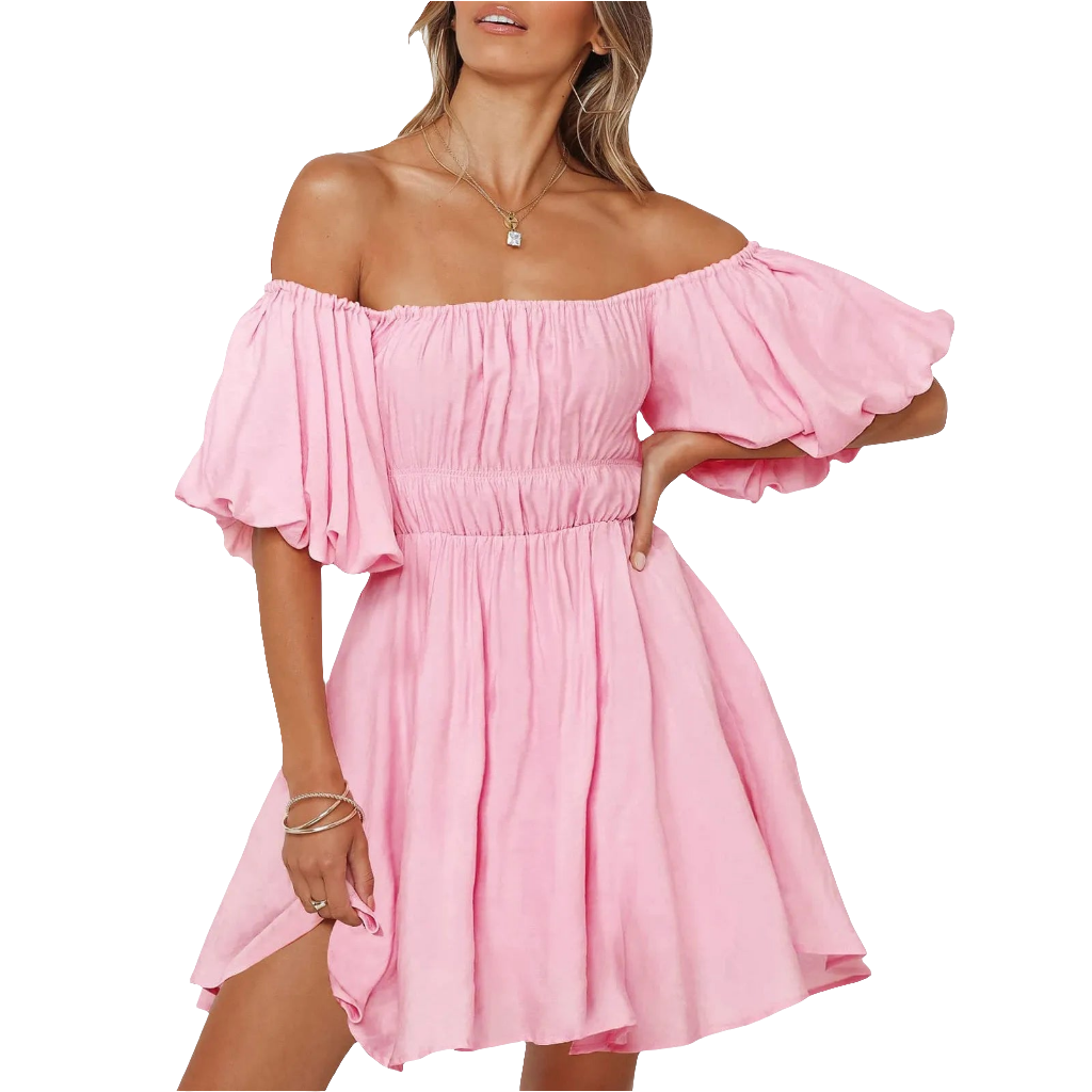 Off-the-Shoulder Puff Sleeve Mini Dress  pink