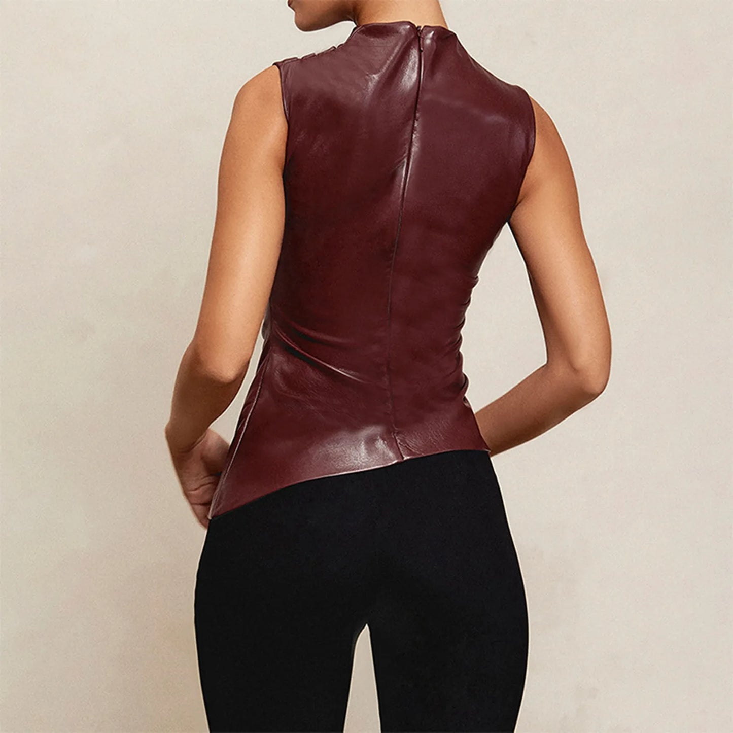 Sleeveless Faux Leather High-Neck Top | Bold & Stylish Women's Fashion