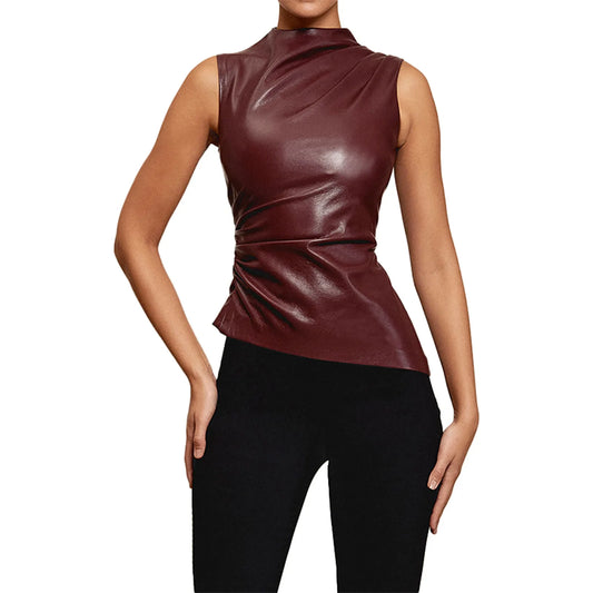 Sleeveless Faux Leather High-Neck Top | Bold & Stylish Women's Fashion