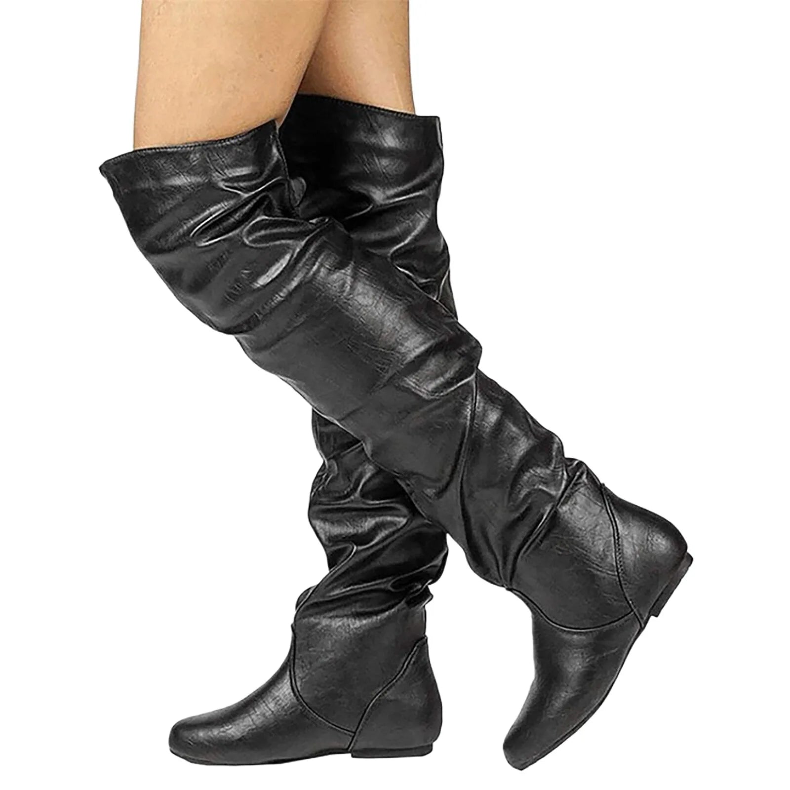 Women's Slouchy Knee-High Boots – Casual Flat Heel Ruched Boots