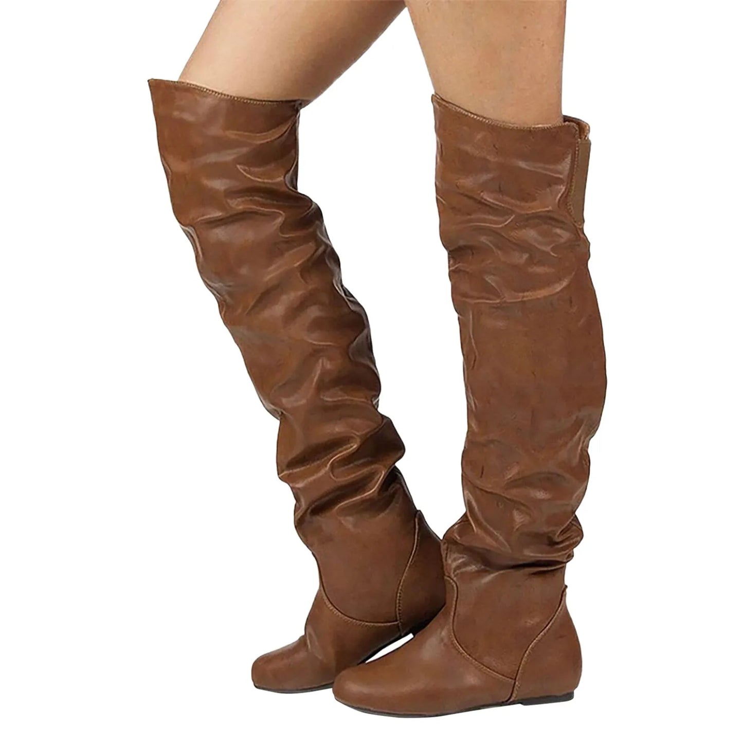 Women's Slouchy Knee-High Boots – Casual Flat Heel Ruched Boots