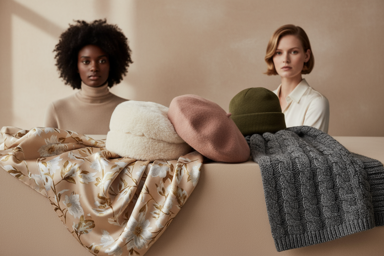 Create a luxury fashion image with no text or words anywhere.

The focus must be on timeless accessories displayed beautifully and clearly — include all of the following:

A fur hat (soft, elegant texture)

A beret (in a classy color such as dusty rose, red, or soft blue)

A silk scarf (draped gracefully, showing shine and flow)

A wool scarf (folded or gently wrapped)

A beanie (placed naturally within the scene)

Optionally, include two elegant women — one Black, one white — styled gracefully but position