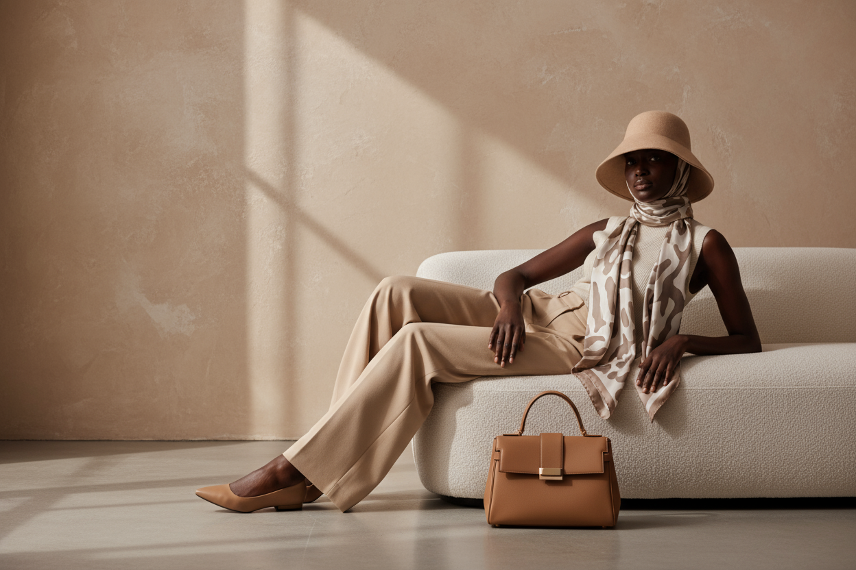 Create a minimal, high-fashion editorial image inspired by a luxury brand campaign. black womon lying or sitting gracefully in a neutral toned setting (beige, cream, or soft brown background). She is wearing a timeless outfit in neutral tones  for example, a white or beige sleeveless top.
The focus should be on the accessories: a structured leather handbag beside her, a soft fur or wool hat on her head, and a silk scarf draped elegantly around her neck or shoulders. The lighting should be soft and natural,